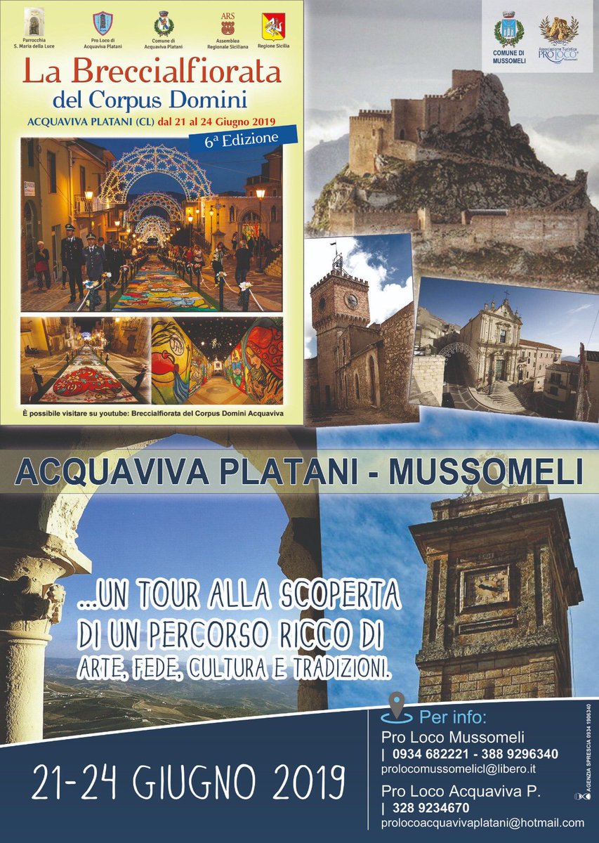 Tour alla scoperta di un percorso ricco di arte,fede,cultura e tradizioni... 21-24 Giugno 2019 
Acquaviva platani - Mussomeli 
Non mancate...