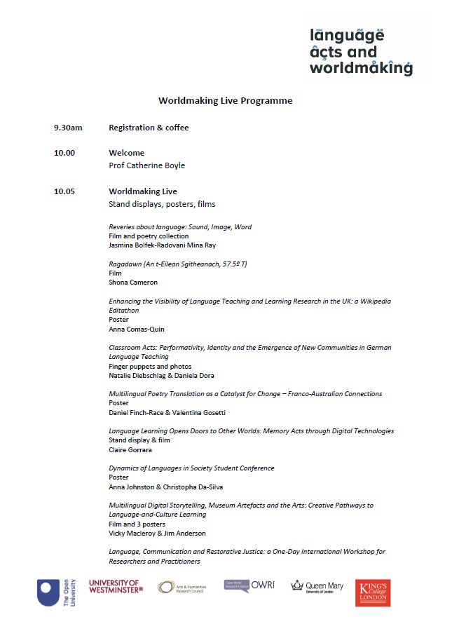languageacts's tweet photo. We're excited to announce the full programme for Worldmaking Live, happening Mon 3 June, King's College London. Presentations, performances, posters, films, and more! Discover what languages and worldmaking is all about. Book your (free!) tickets here https://t.co/Notpe4qAt9 https://t.co/a8EHKs96D5