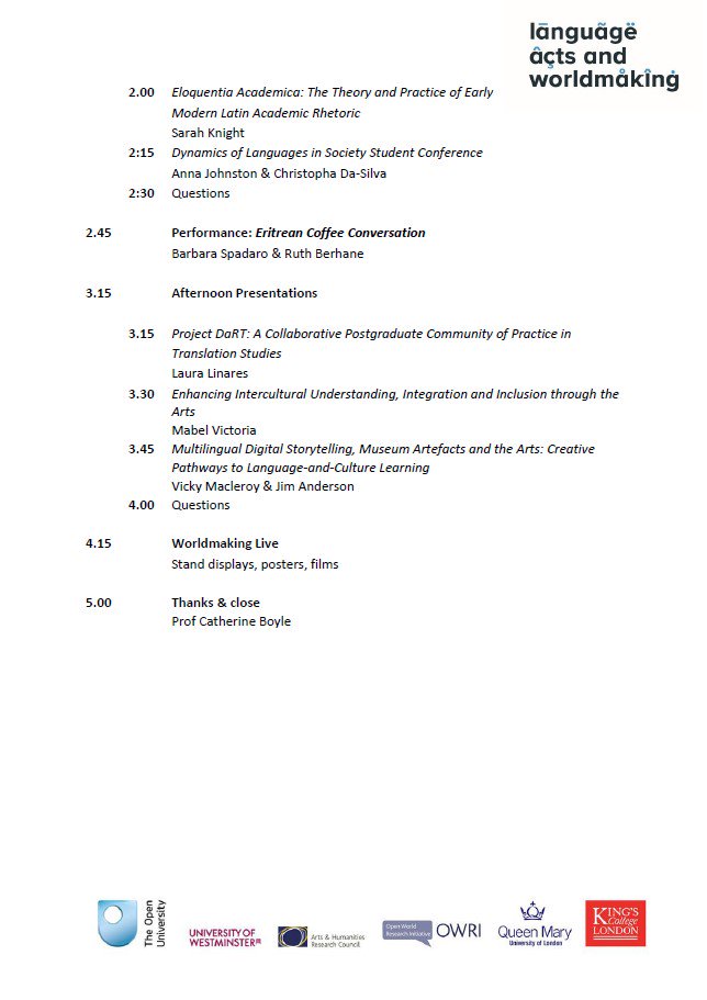 languageacts's tweet photo. We're excited to announce the full programme for Worldmaking Live, happening Mon 3 June, King's College London. Presentations, performances, posters, films, and more! Discover what languages and worldmaking is all about. Book your (free!) tickets here https://t.co/Notpe4qAt9 https://t.co/a8EHKs96D5