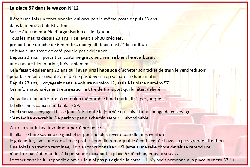 [La place 57 dans le wagon N°12] 🚆
Quand il est (encore) question de la place et que le thème ferroviaire s'invite à nouveau dans mon quotidien 🙄
Encore une #coincidence ?
#storytelling résistance au #changement 
#cherchersaplace #trouversaplace