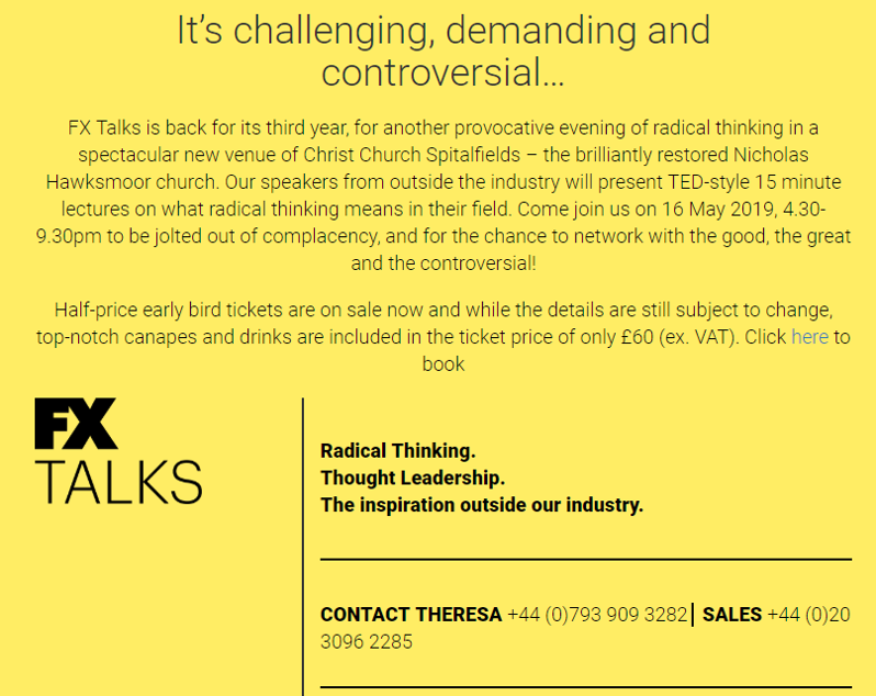 wearebisley's tweet photo. We can't wait for @FXdesignmag's FX Talks on Thursday 16th May!
This inspiring evening offers an evening of inspiring debate and the chance to network with the good, the great & the provocative! Have you got your ticket? > https://t.co/Nn6TLIL5fc
#thoughtleadership #fxtalks https://t.co/zBeOWG2gaU