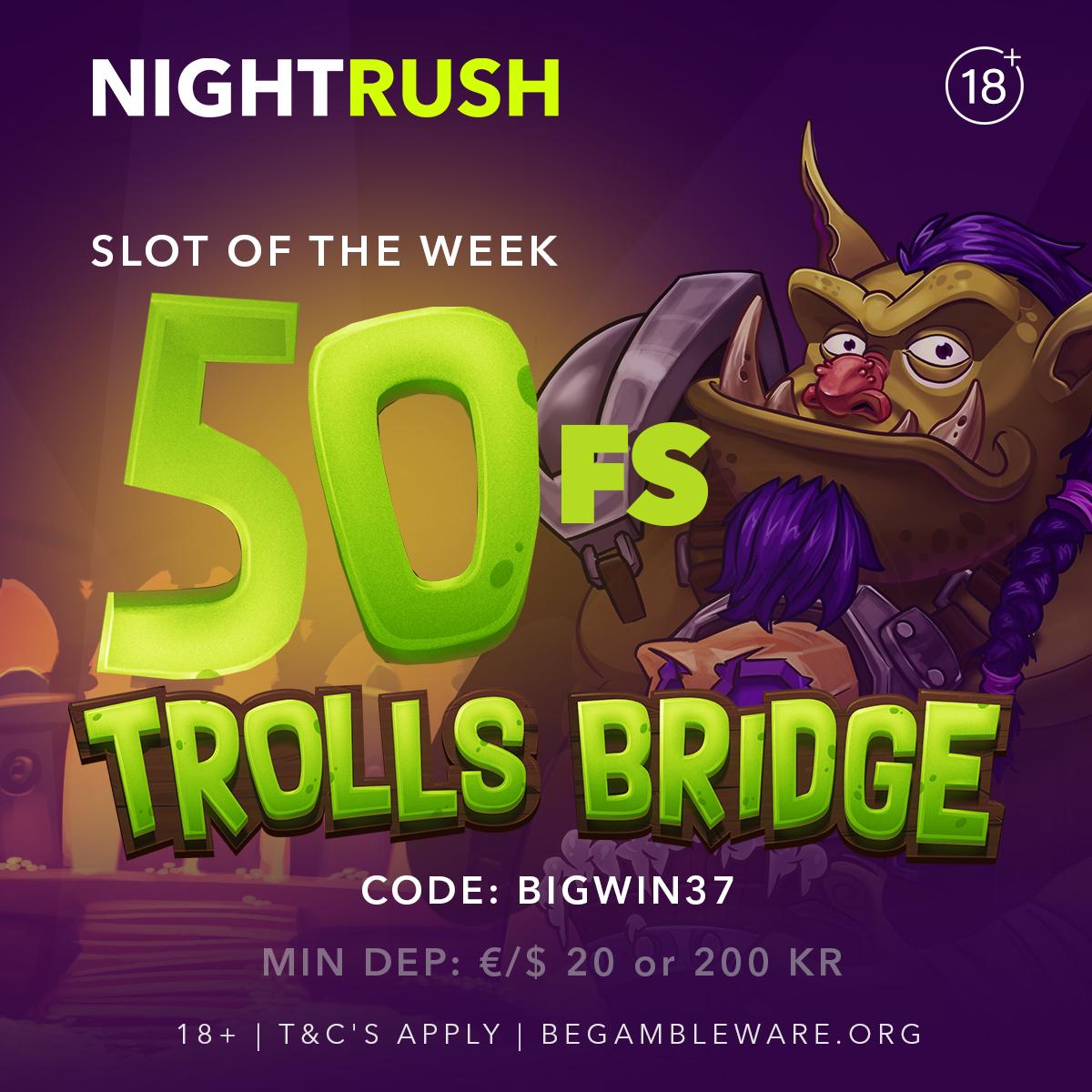 nightrush_com's tweet photo. Cross over to Trolls Bridge, a game where Yggdrasil's monster trolls help you hoard some giant wins!
Get your 50 free spins in the slot of the week! 

🎰https://t.co/8LsEuwCRsc https://t.co/oSowJaTND9