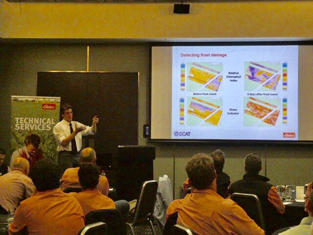 DCATSolutions's tweet photo. Team in #Australia had fun with @EldersLimited #horticulture #agronomists @AdamFranKitto shared how #AgIntel digital #agronomy tool can remotely monitor #crops &amp; shows things like #frost in #vineyards Thanks to @JAdamsSSDD for sharing AgIntel benefit in vineyard irrigation mgmnt https://t.co/qHn7EZiJHM