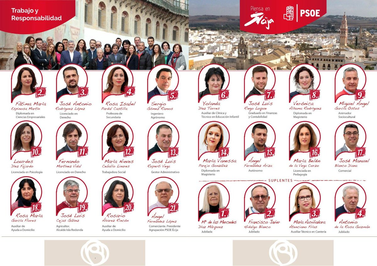 PSOEdeEcija's tweet photo. Candidatura PSOE ÉCIJA Elecciones Municipales 2019🌹

TRABAJO Y RESPONSABILIDAD❤️

#PiensaenÉcija #PsoeÉcija https://t.co/w4mjYe2lo6