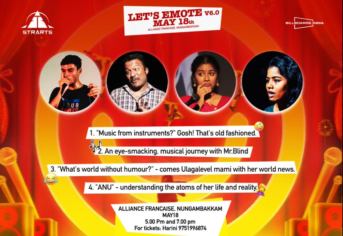 billboardsindia's tweet photo. #Billboardsindia #Strarts #Event #laughter #tears #Letsemote #get_emotified #chennaievents #music #humour #AllianceFrancaise #Nungambakkam #Chennai #May18 https://t.co/v0VoBv0gcF