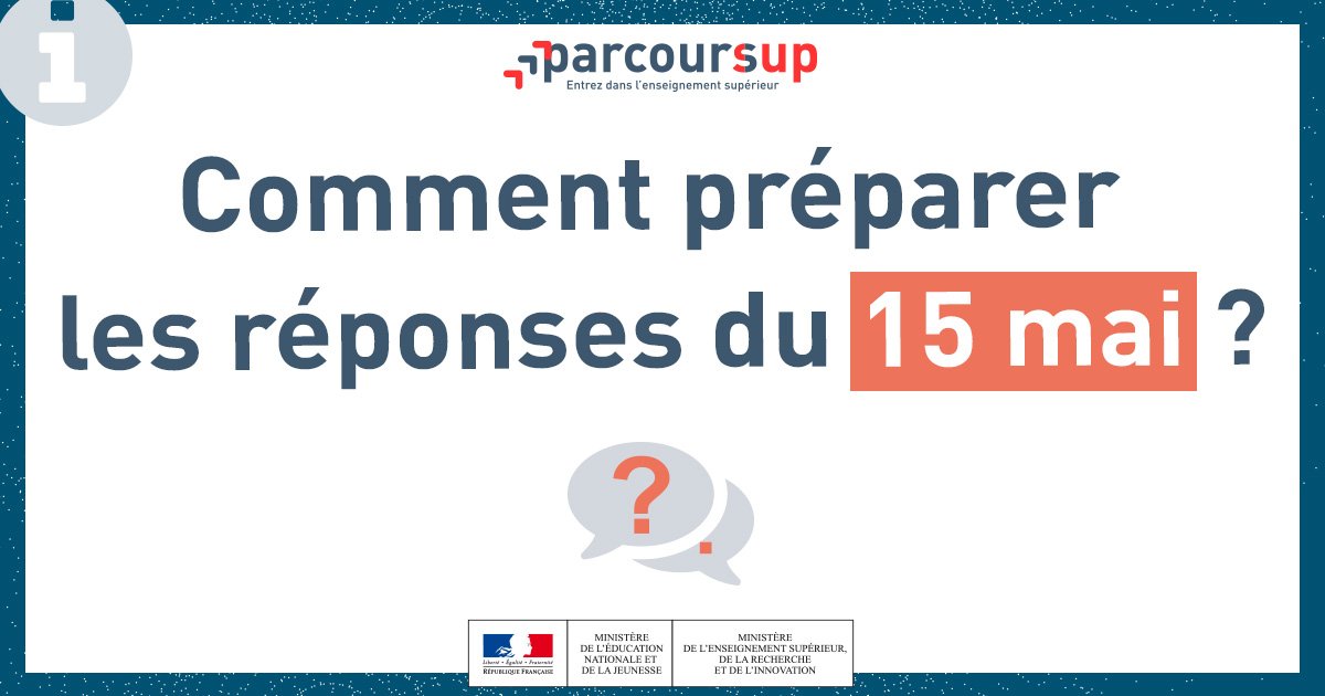 #Parcoursup info : pour préparer vos réponses à partir du 15 mai : 
✅Échangez avec vos professeurs et les conseillers d’orientation 
✅Participez aux temps d'échange organisés dans votre lycée cette semaine 
✅Posez vos questions au 0800400070 ou sur la boite contact du site
