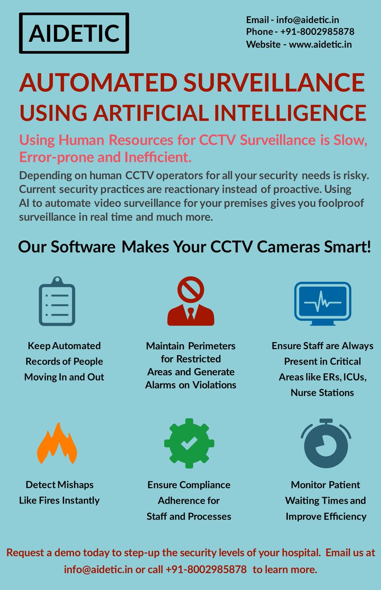 aidetic_in's tweet photo. With repeated critical failures of currently utilized security systems, it is time for security sensitive institutions like hospitals to step-up their systems.
https://t.co/Fpye783Suy
#artificialintelligence #ai #automatedsurveillance #hospitals https://t.co/OAncDGqHhI