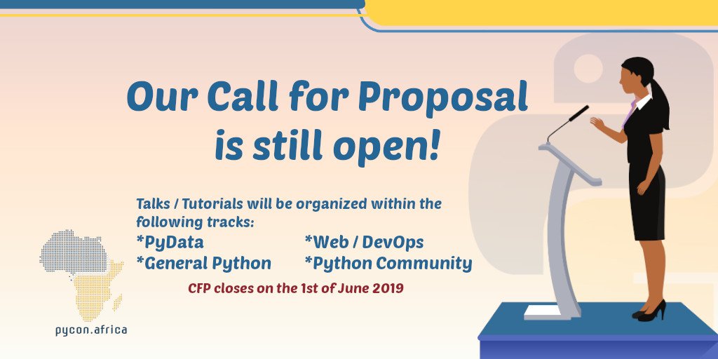 📢#PyCon Africa 2019 Call for #Proposal is still open!
You could talk about new and cutting edge uses of #Python programming, or features of well-known tools.

#PyConAfrica Talks / Tutorials categories:
PyData
Web / DevOps
General Python
Python Community

pycon.africa/speaking