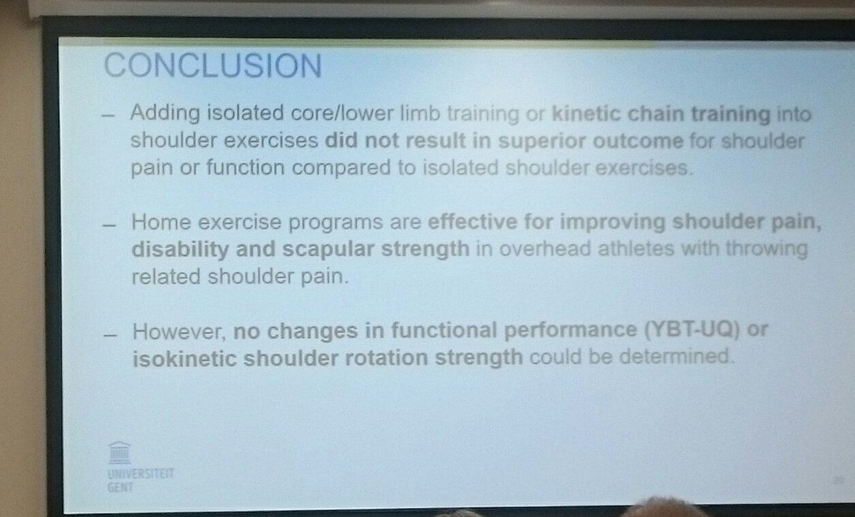 Nice study from Dorien Borms, Ghent Uni. Kinetic chain exercises did not add value to local focused exercises in throwers with shoulder pain. However, clinical recommendation: KCE may be used according to patients preference. #WCPT2019 <a href="/EUSSERBOARD/">EUSSER</a>