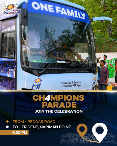 mipaltan's tweet photo. Welcome your Champions back home! Join us at Peddar Road today at 6.30 PM for an open bus ride to the team hotel 🚎🏆💙

#OneFamily #MumbaiIndians #CricketMeriJaan https://t.co/RNhrUOjGdv