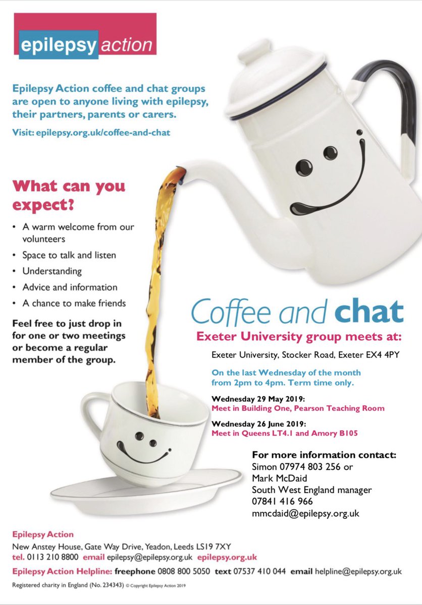 SimonPrivett's tweet photo. Are you based out of Exeter Uni and affected by epilepsy? A new group is launching on 29th May, from 2 - 4pm to bring people affected by epilepsy together. The new group will meet monthly during term-time to provide a place for people affected by epilepsy to meet up. https://t.co/29zzlhCi8I