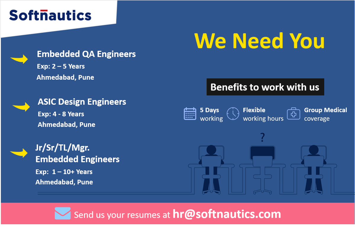softnautics's tweet photo. Give your #career a head start with Softnautics. We are hiring for #Pune and #Ahmedabad locations. Apply now https://t.co/8Tk5AAbIHi or share your resume on hr@softnautics.com. Feel free to share references if any!!
#Hiring #Embedded #Firmware #IoT #LinuxBSP #QA #asic https://t.co/qRfgga4RQl