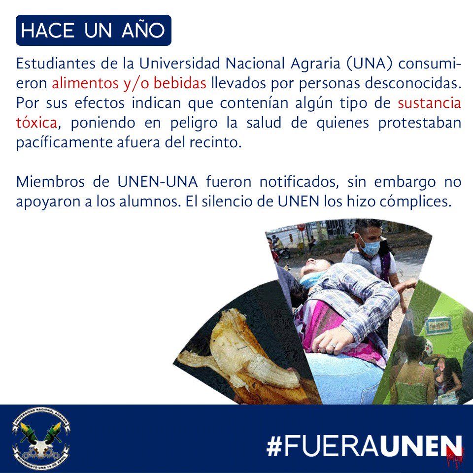 MovUNA1's tweet photo. Hace un año los estudiantes de la Agraria consumieron alimentos, que contenían sustancias tóxicas y alfileres poniendo en peligro la salud de quienes protestamos pacíficamente fuera del recinto.
#SinAutonomíaNoHayDemocracia 
#FueraUNEN #FueraCUUN https://t.co/TpTelHXzIP