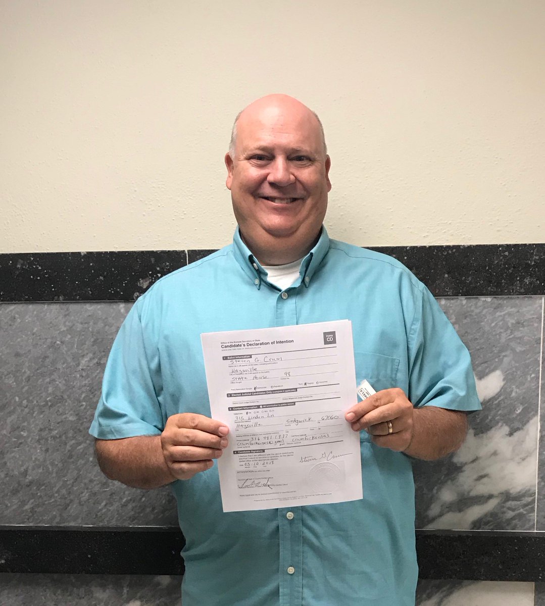 Last week I made it official and filed for State House.

My primary goal will always be to represent the citizens of District 98-not the AFP or Kansas Chamber, which the current representative has done at the expense of the people in our community. #ksleg