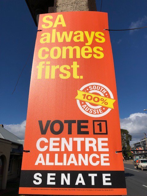 centre_alliance's tweet photo. SA's South East is a sea of @centre_alliance orange.
Don't forget a vote for Centre Alliance is a vote for what's best for SA - and not eastern states-centric policies.
A vote for Centre Alliance is a vote for SA always coming first.
Vote for Kelly Galdigau and @SkyeKM https://t.co/n72xConBfN