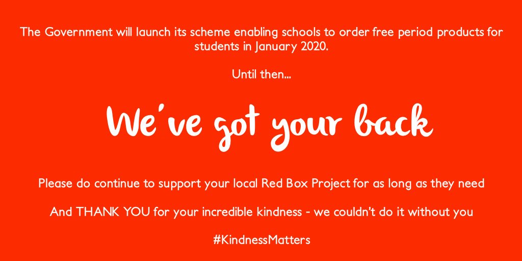 RedBoxProject's tweet image. Further to Friday’s meeting @educationgovuk, an update on future of #RedBoxProject ⬇️

DfE are working on details - &amp;amp; we’re still striving for every child at every school to have access to the period products they need 

Thank you for your continued support ❤️

#MenstrualEquity