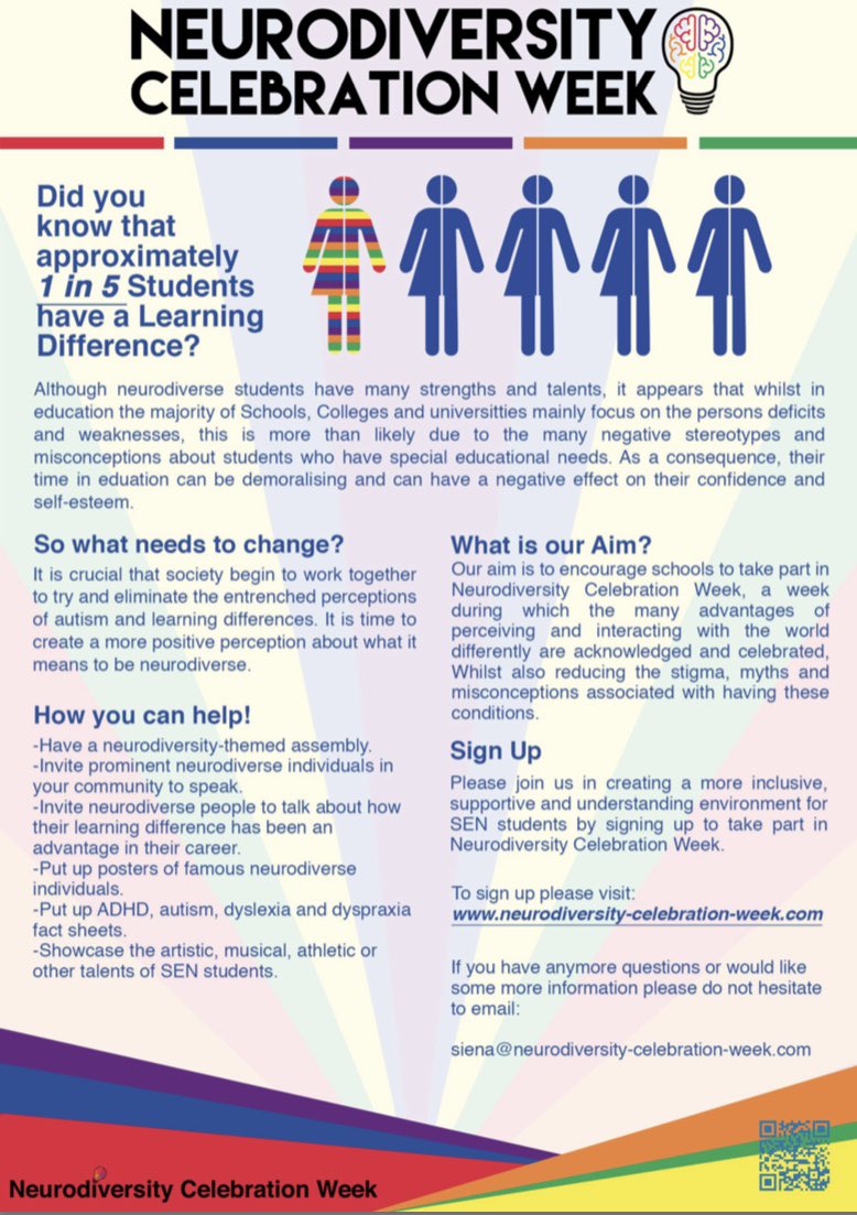 MissG_Travers's tweet photo. Happy International Neurodiversity Week 🥳 

Help by raising awareness of neurological disorders:
- Attention Deficit Hyperactivity Disorder (ADHD) 
-Tourette’s Syndrome 
- Autism 
- Dyslexia 
- Dyscalculia 
- Dyspraxia 
- Dysgraphia https://t.co/QhegsoDCbh