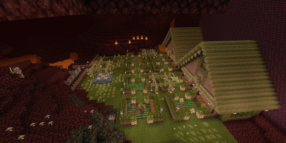 星羅 マイクラ終焉の理想郷 84 ネザーに村を作る時はベッド による誤爆に要注意ですわね この家 2回ほど吹き飛んだ上に火事で全焼しかけてますの やっぱりネザーで木造建築は博打ですわね