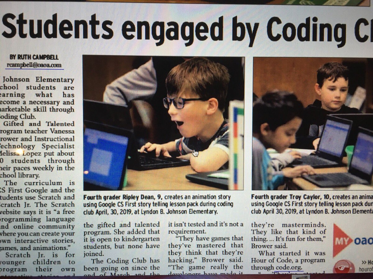 puffyhearttchr's tweet photo. This week is going to be incredible, considering we started it with a story in the newspaper! Thank you to @OAeducation for supporting our LBJ Storytelling: Coding Club! @Aggie_Tech @arholguin13 #teamECISD https://t.co/qFcPrNoZHA