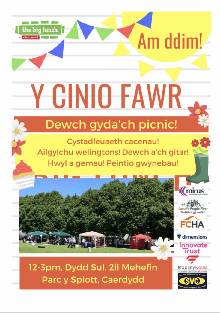 FitabilityWales's tweet photo. It’s coming soon ‘The Big Lunch 2019’ in Splott Park. Bring your picnic down for this fun filled inclusive community day. 12-3pm Sunday June 2nd, we’ll see you there! @FirstChoiceHA @FitabilityWales @MirusWales @DimensionsUK @InnovateTrust @svcymru @LdWales @DriveWalesUK https://t.co/RSPt7Z51Vo