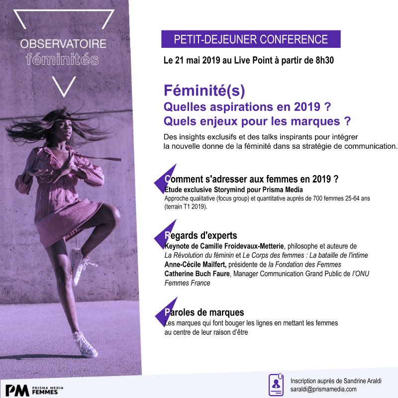 [#Etude] 
𝗖𝗼𝗺𝗺𝗲𝗻𝘁 𝘀’𝗮𝗱𝗿𝗲𝘀𝘀𝗲𝗿 𝗮𝘂𝘅 #𝗙𝗲𝗺𝗺𝗲𝘀 
𝗮𝘂𝗷𝗼𝘂𝗿𝗱'𝗵𝘂𝗶 ?
Je serai heureux de vous présenter les résultats de l’étude StoryMind pour <a href="/PrismaMedia/">Prisma Media</a> sur les nouvelles féminités
🔜 RDV le 21 mai prochain !
prismamediasolutions.com/feminites-conf…