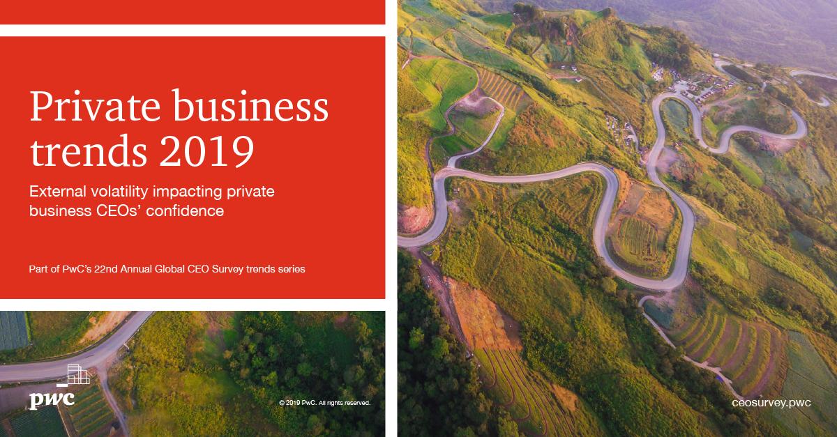 Nickefarr's tweet photo. Are #privatebusiness CEOs more or less confident about their 2019 prospects? Find out in @PwC’s new Global #CEOSurvey Private Business Trends report: https://t.co/0NMjroT6DF #PwCPrivateBiz https://t.co/Mis0gnW5HQ