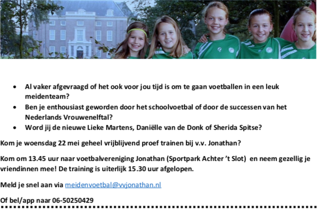 Proeftraining op 22 mei voor geïnteresseerde meiden. #meidenvoetbal Kom voetballen bij de leukste, gezelligste vereniging van Zeist. Deel en like!

vvjonathan.nl/woensdag-22-me…