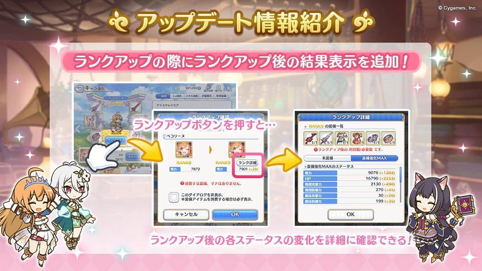 プリンセスコネクト Re Dive公式 アップデート情報紹介 キャラをランクアップする際に 確認画面が表示されるようになりました ランク詳細 からは未装備と装備強化maxのステータス 次に必要な装備アイテムの所持数など ランクアップ後の情報を