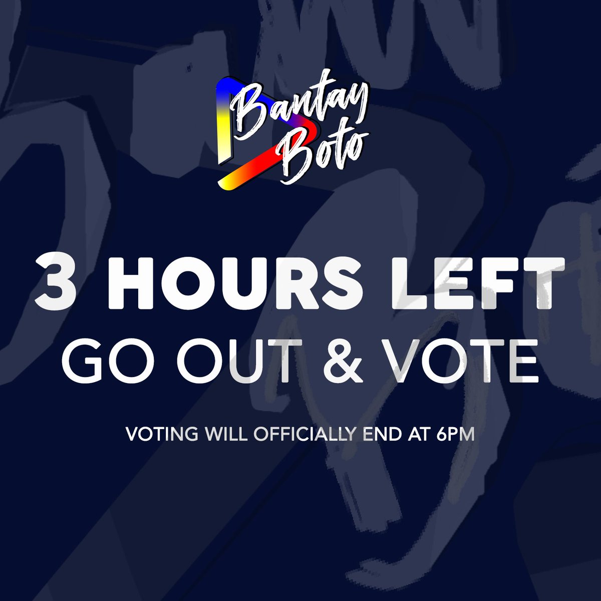 TATLONG ORAS BAGO MAGSARA ANG BOTOHAN.

GO OUT &amp; VOTE!

Palakasin ang boses ng masang Pilipino!

#BantayBoto2019
#Eleksyon2019