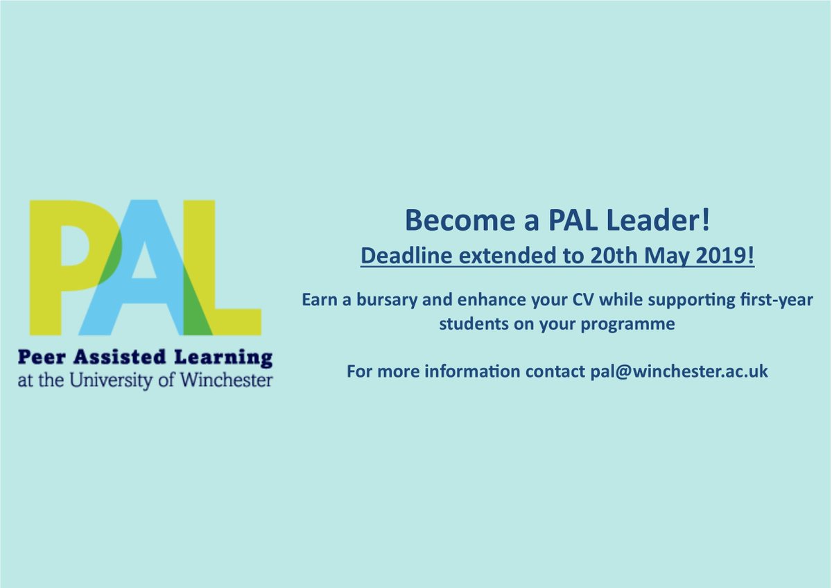 UoWPal's tweet photo. Looking to make a difference? Get paid to share your wisdom and experience with first year students by becoming a PAL Leader in Criminology, Drama, English Language, English Literature, History or Psychology!

Application deadline - Monday 20th May. pal@winchester.ac.uk for more https://t.co/L6lOmT7Vqp