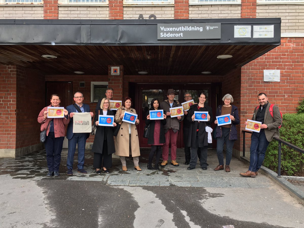 MargueriteHogg's tweet photo. We are ready for our study visit programme at Vuxenutbildning Soderort in Stockholm but we are all supporting the #LoveOurColleges campaign whilst we’re here #AoCSWE @AoC_info https://t.co/Gs8rv2NAMB