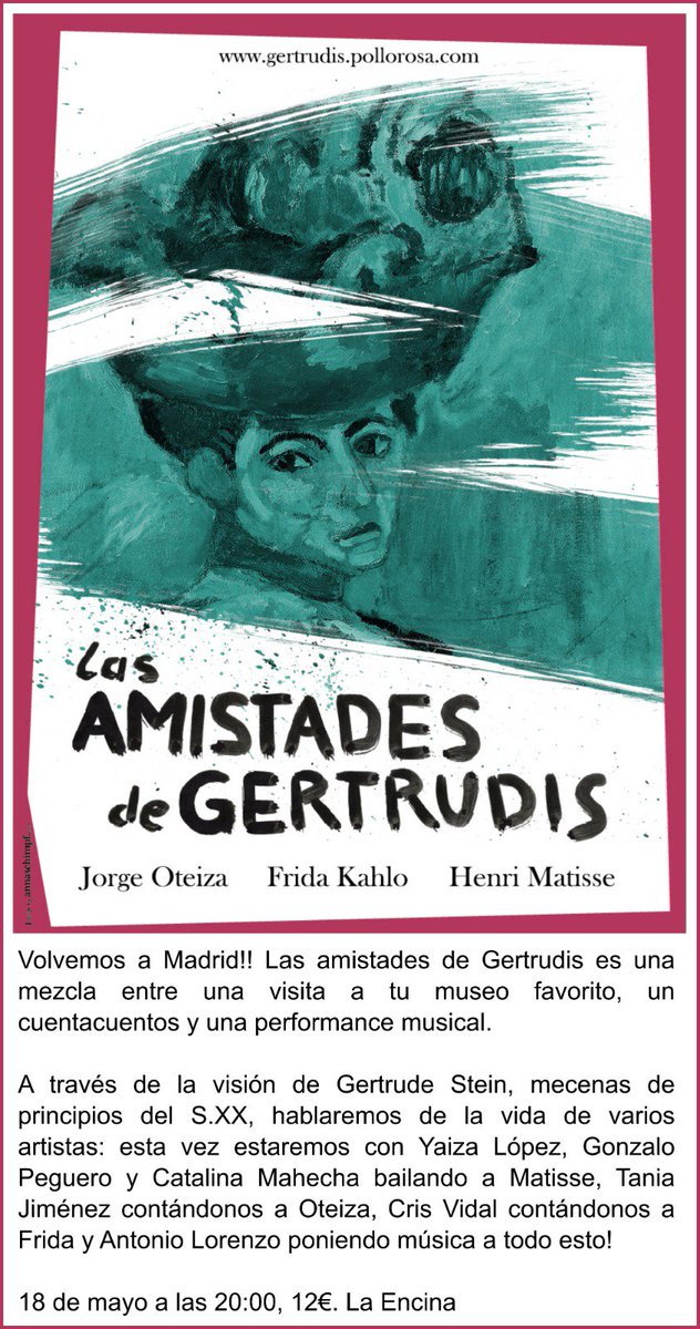 Gertrudis a Madrid!! Nos vemos este sábado a las 20:00 en <a href="/LaEncinaTeatro/">La Encina Teatro</a> para contar historias de #FridaKahlo, #Matisse, #Oteiza! #teatro #teatroMadrid #agenda #escultura #danzacontemporanea