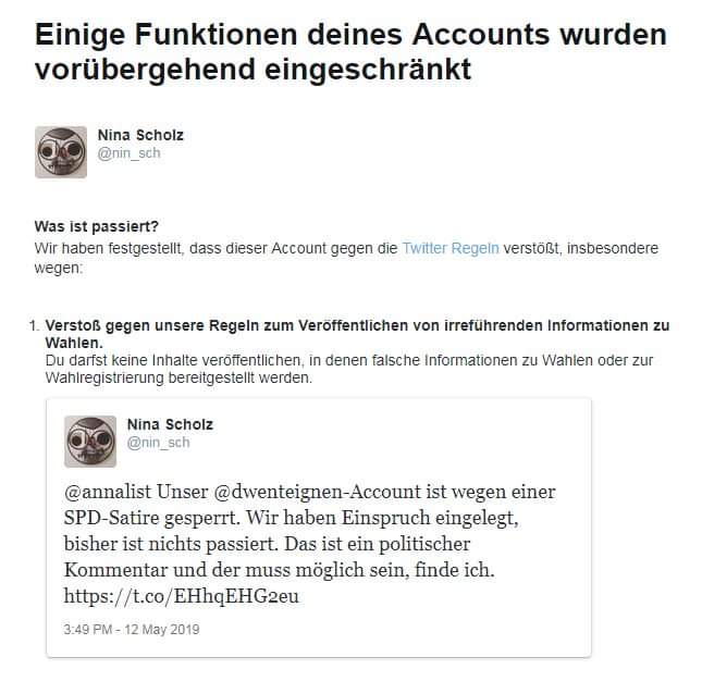 Sebastian Friedrich // sebfriedrich.bsky.social (@sebfriedrich) on Twitter photo Hey Twitter, was ist los mit dir? Zuerst sperrst du <a href="/dwenteignen/">Deutsche Wohnen & Co Enteignen</a> wegen einer Satire. Und jetzt muss auch noch <a href="/nin_sch/">Nina Scholz</a> dran glauben, weil sie die Sperrung kritisiert hat. Kann es sein, dass mit deinen neuen Regeln etwas nicht stimmt? Und werde ich jetzt eigentlich auch gesperrt? Hey Twitter, was ist los mit dir? Zuerst sperrst du <a href="/dwenteignen/">Deutsche Wohnen & Co Enteignen</a> wegen einer Satire. Und jetzt muss auch noch <a href="/nin_sch/">Nina Scholz</a> dran glauben, weil sie die Sperrung kritisiert hat. Kann es sein, dass mit deinen neuen Regeln etwas nicht stimmt? Und werde ich jetzt eigentlich auch gesperrt?