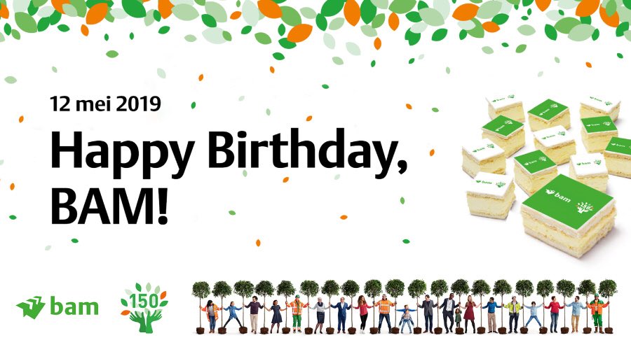 BAMGroup_EU's tweet photo. Happy Birthday, BAM! Monday 13 May, Royal BAM Group celebrates its 150th anniversary. Colleagues all over the world are having coffee and cake together locally and say: Here’s to the future!

#BAM150, #HappyBirthday https://t.co/fQLq7lGomN