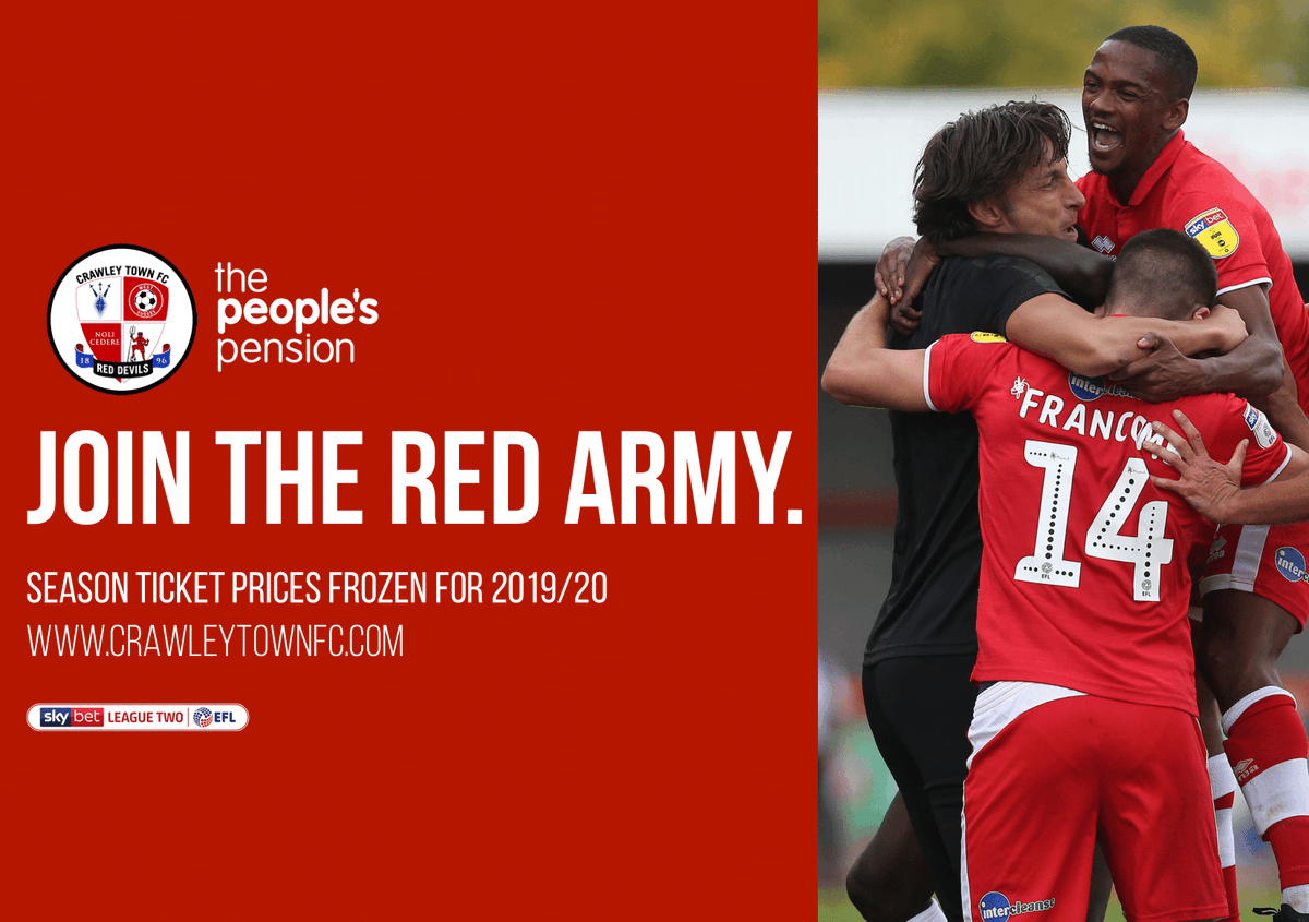crawleytown's tweet photo. 👹 2019/20 Season tickets on sale now!

Prices frozen for a fifth consecutive year. 

#JoinTheRedArmy 👇
https://t.co/uUDvyNzIc4

#TownTeamTogether 🔴 https://t.co/j3PDdHWk7a