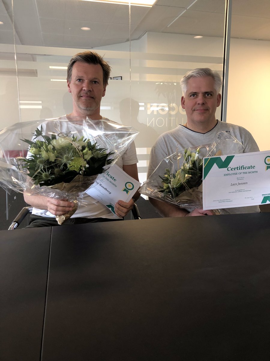 SolutionProcon's tweet photo. Congratulations to Flemming Handberg and Lars Jensen for being selected as the colleague of the month and employee of the month respectively. #employeesofthemonth #april #teamprocon https://t.co/4U1zgm4zi5