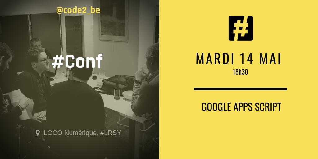code2_be's tweet photo. Hello les devs ! Soirée #Code2be demain soir, 18h30 à @Loconumerique.  
Au programme : Google Apps Script  
Les soirées #Conf sont ouvertes à tous et gratuites. Venez nombreux ! 
Inscription : https://t.co/0kn4FBb8Im … … https://t.co/U9tDxr2WMS
