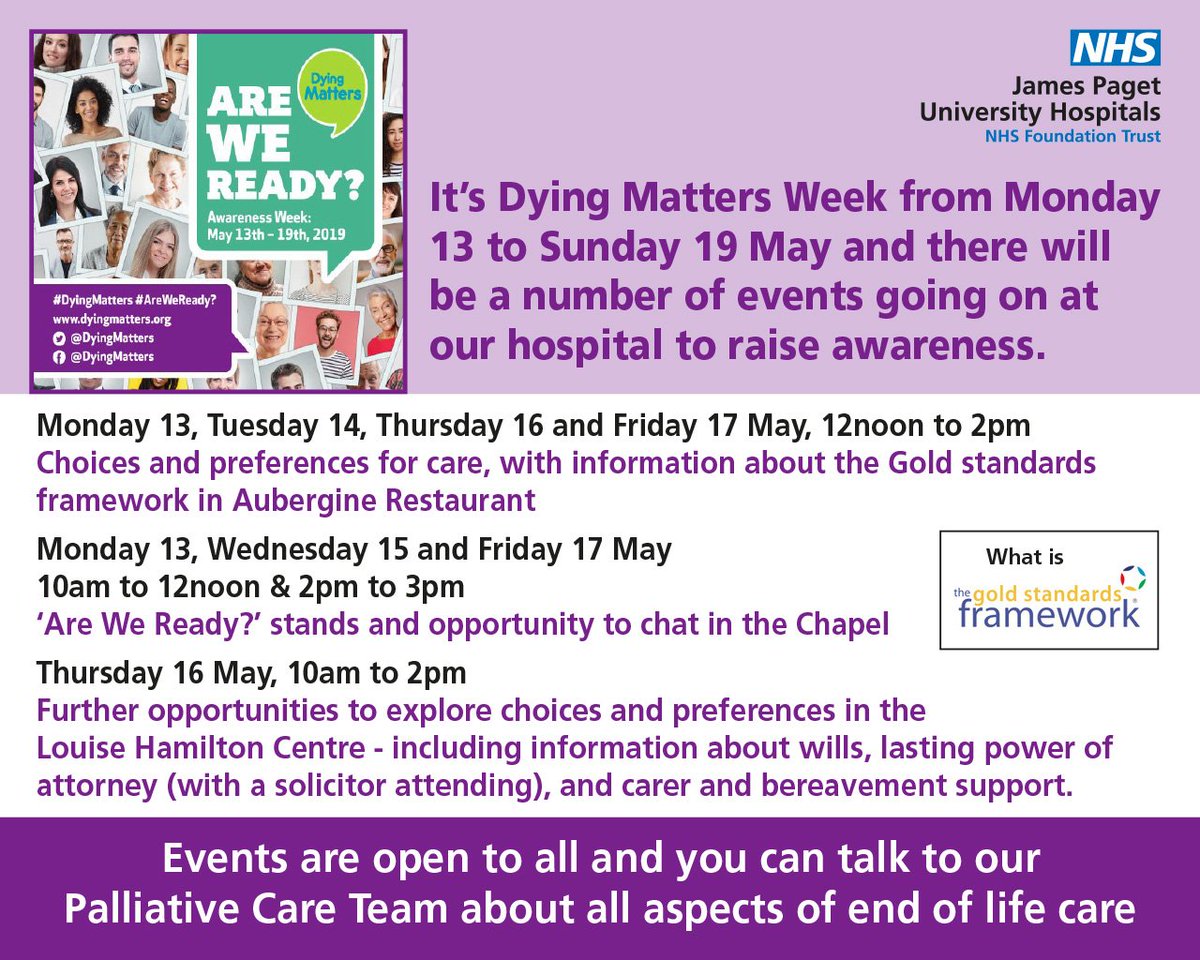 Welcome to the JPUH Hospital palliative care Twitter page. The 13th May is the start of Dying Matters week, come and visit us throughout the week. We have events running through the hospital exploring choices and the gold standards framework. #goingforgold