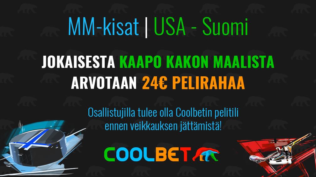COOLBET-SKABA!

#Leijonat kohtaa tänään USA:n! Jokaisesta Kaapo Kakon tekemästä maalista arvotaan 24 € pelirahaa.

Olet mukana arvonnassa, kun painat RT ja seuraat @CoolbetSuomi Twitter-tiliä! #mmkisat #betsit

PS. Voita matka Stanley Cupin finaaleihin: coolbet.com/fi/korkein-ker…