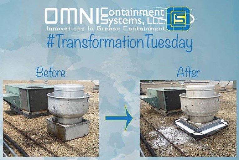 This fan was spitting #grease right onto the #rooftop, which could lead to costly #fines and #repairs. We installed an Omni Grease Gutter and used Grease Away to clean the #roof.