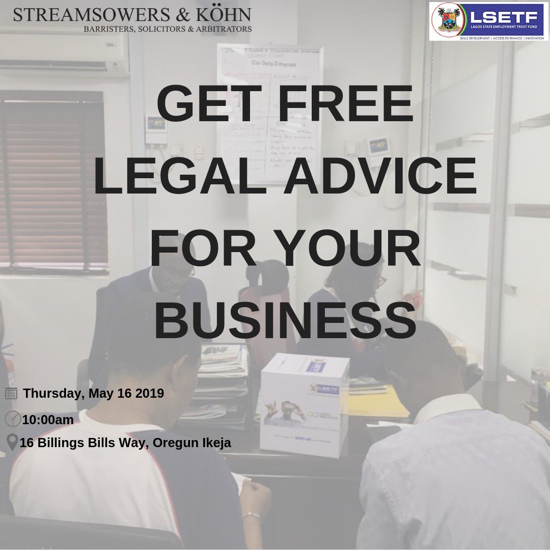 LSETF's tweet photo. Do you need #legal advise for your #business? We have partnered with Streamsowers & Kohn @sskohnng to offer free consultation.
Date: Thursday, 16th May 2019
Time: 10am
To take advantage of this opportunity click https://t.co/y39F9ihvCF to register.
#lsetf #streamsowers https://t.co/jTv8W8Iele