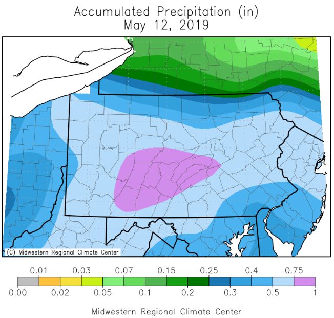 WeatherWorldPSU's tweet photo. It was a not-so-marvelous Mother's Day throughout the Commonwealth yesterday with widespread rainfall of 0.75". This map shows 24-hr precipitation, with places like Altoona and Harrisburg reporting over 1" in the gauge. #pawx #soggyspring https://t.co/2rhQHB1cLV