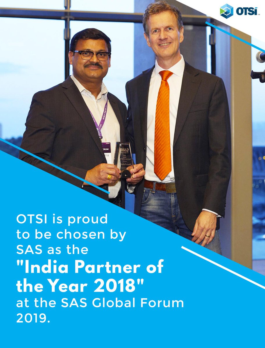 #OTSI is proud to be chosen by #SAS as the "India Partner of the Year 2018" at the SAS Global Forum 2019. Thank you #SAS for this tremendous honor! #sasgf