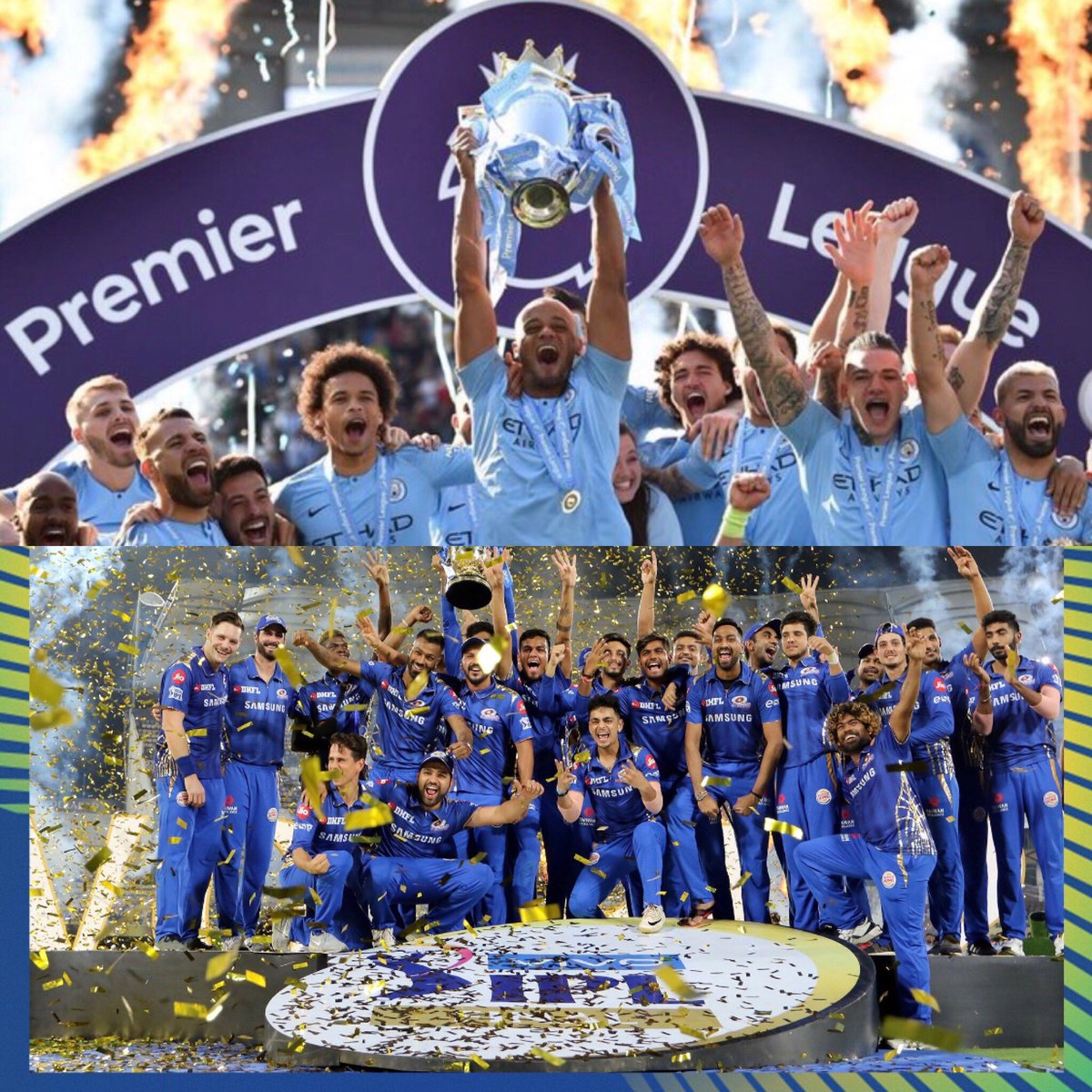 praveenvroyal's tweet photo. #BlueMay and #BlueSunday at #PremierLeagues. It’s MCI @ManCity in EPL @premierleague and Mumbai Indians in IPL @IPL yesterday, both won the league 4 times. MCI won 2012, 2014, 2018 and 2019. MI won every alternative year 2013, 2015, 2017 and 2019. Congratulations 🙂🙂#BleedBlue https://t.co/KcEFoD4Oez