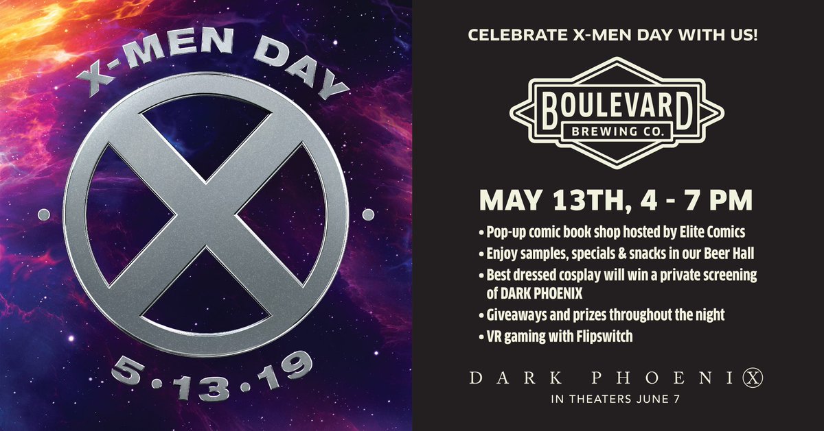 blvdtoursandrec's tweet photo. On X-Men Day, we celebrate the culmination of the X-Men saga, its global fanbase, all the beloved characters, its groundbreaking impact on popular culture and enduring audience appeal for nearly 20 years. Celebrate with us TODAY. https://t.co/dpPYccETD6 #xmenday  #DarkPhoenix https://t.co/3VpwOHmFzR