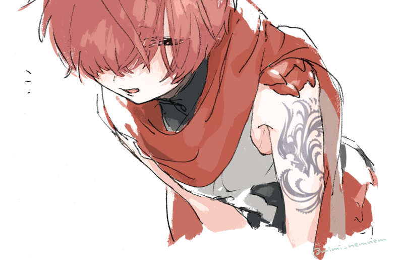 1boy male focus red hair scarf tattoo solo hair over eyes  illustration images