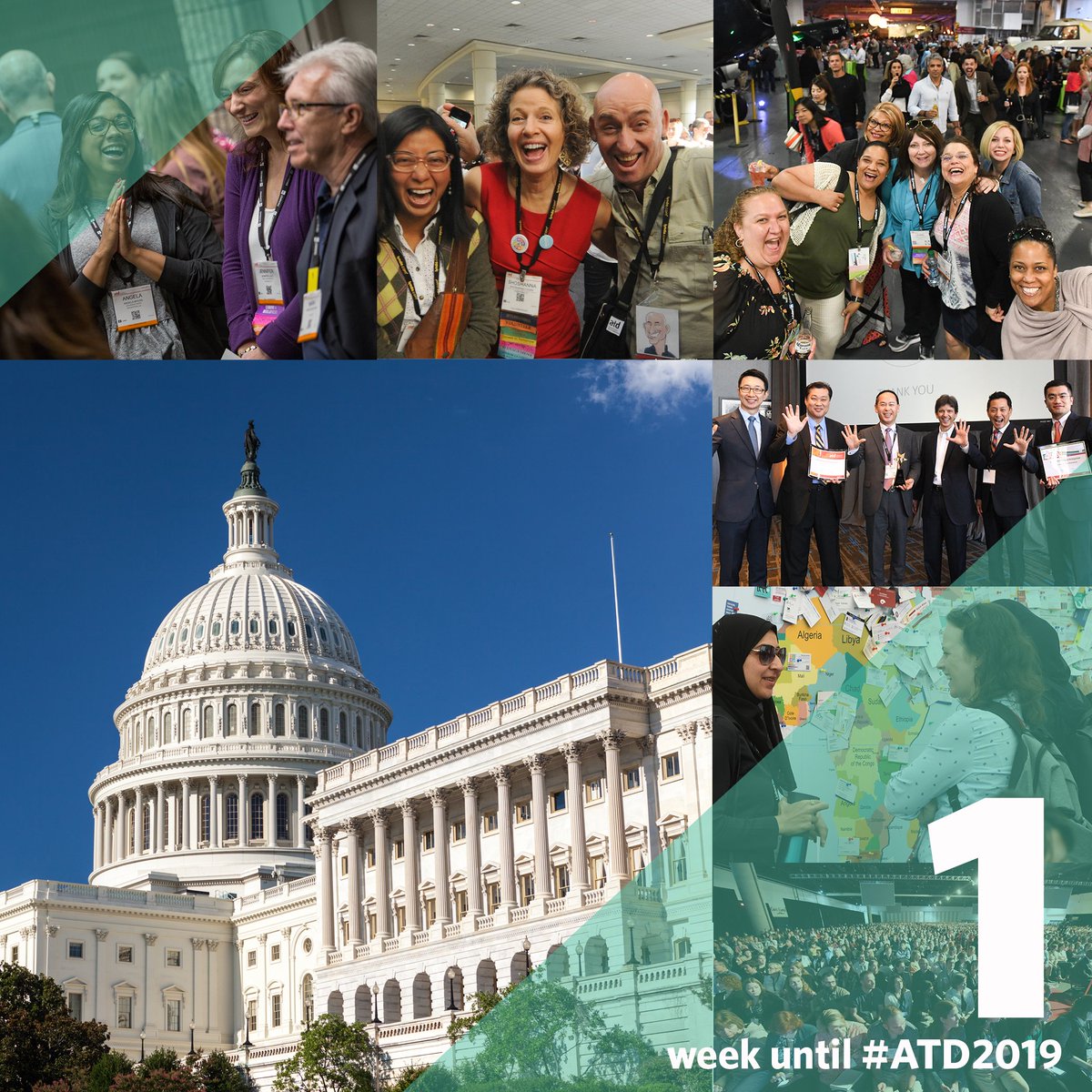 atd's tweet image. In less than 1 week, we will gather for #ATD2019 in Washington, D.C.! Make sure you're planning which sessions to attend using the scheduling tool, browsing the FAQs so you know what to expect, and more! P.S. Today's the last day for the online rate: bit.ly/2LHMu5g