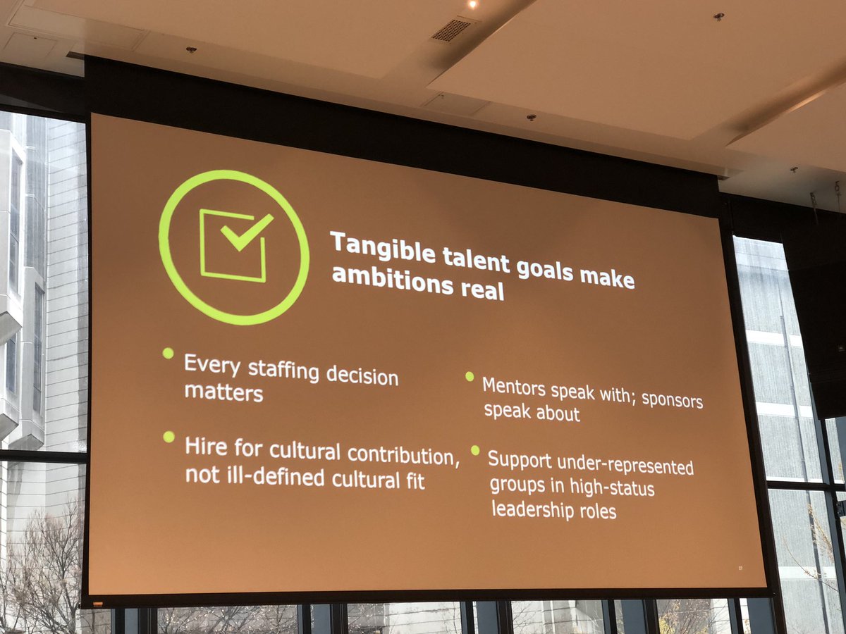LuciaAnnaC's tweet image. “Tangible talent goals make ambitions real.” Cast a wider net in recruitment.Support under-represented groups in high visible, status roles. Beware of “cultural fit.”