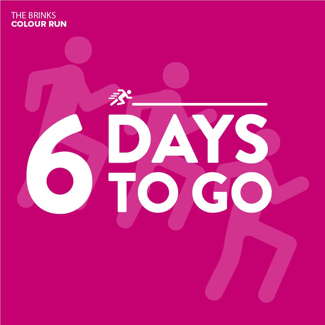 brinkscolourrun's tweet photo. THE COUNTDOWN IS ON! 🕐🕑🕒🕓🕔🕕
You can't miss out on the biggest event of the year! 🌈
Get your 🎟 to secure your t-shirt, wristband and water bottle : https://t.co/dDAsU3nMV5
#BrinksColourRun https://t.co/OVQgyYhGrI