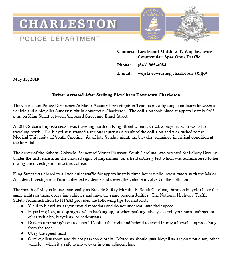 Driver Arrested After Striking Bicyclist in Downtown Charleston
#chsnews #chstrfc